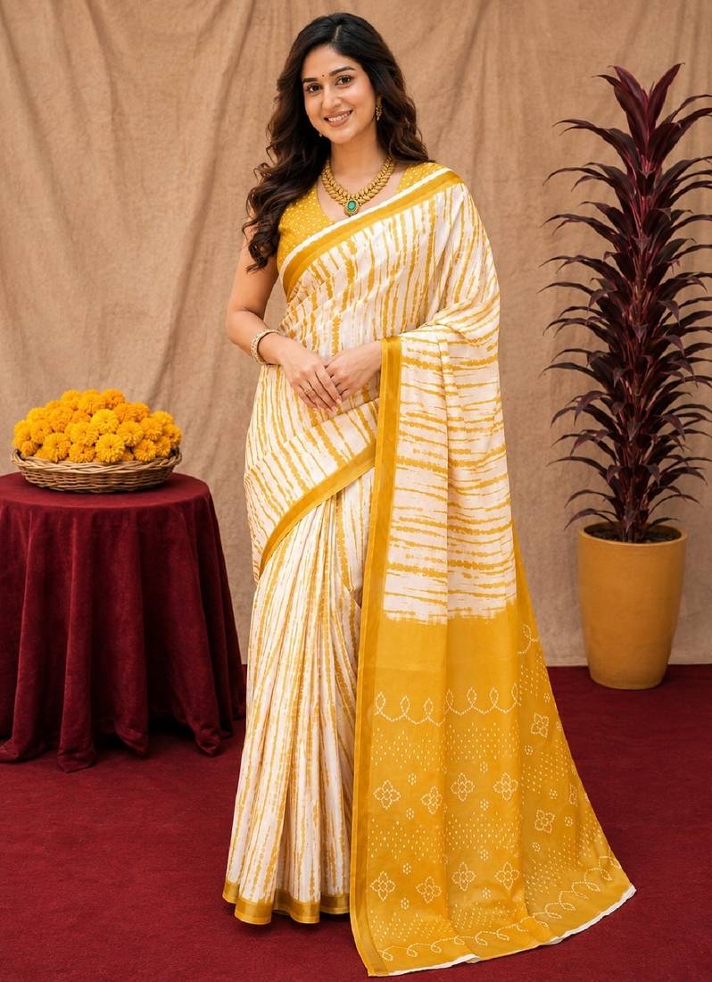 White yellow linen digital print work saree with unstitched blouse piece