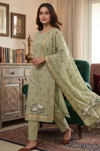 Pista jamdani pichwai weaving banarasi dress material (3pcs)
