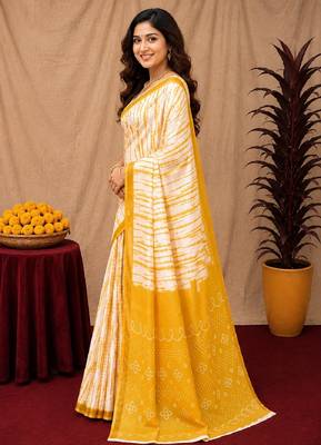 White yellow linen digital print work saree with unstitched blouse piece 2