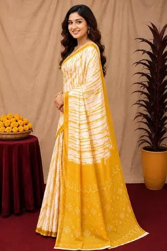 White yellow linen digital print work saree with unstitched blouse piece