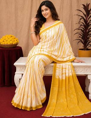 White yellow linen digital print work saree with unstitched blouse piece 3