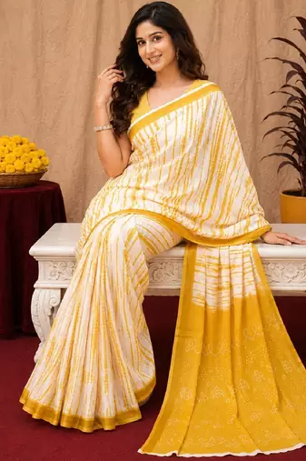 White yellow linen digital print work saree with unstitched blouse piece