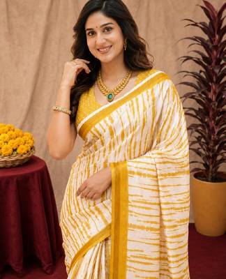 White yellow linen digital print work saree with unstitched blouse piece 4