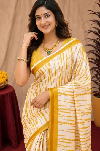 White yellow linen digital print work saree with unstitched blouse piece