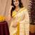 White yellow linen digital print work saree with unstitched blouse piece