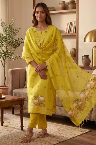 Yellow jamdani pichwai weaving banarasi dress material (3pcs)