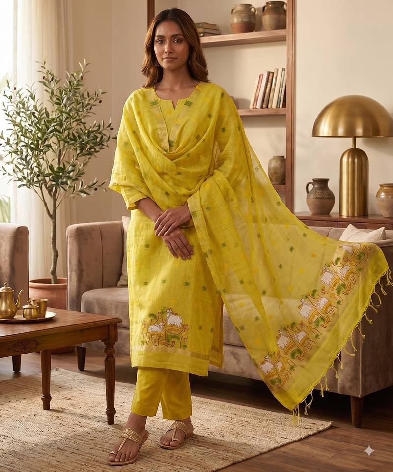 Yellow jamdani pichwai weaving banarasi dress material (3pcs)