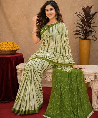 White mehendi  linen digital print work saree with unstitched blouse piece 1