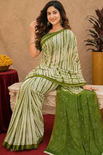 White mehendi  linen digital print work saree with unstitched blouse piece