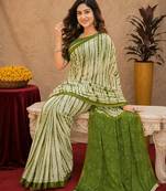 White mehendi  linen digital print work saree with unstitched blouse piece