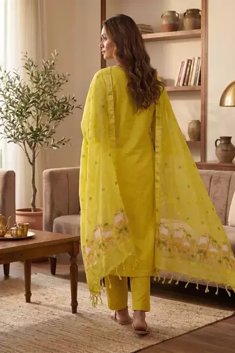 Yellow jamdani pichwai weaving banarasi dress material (3pcs)
