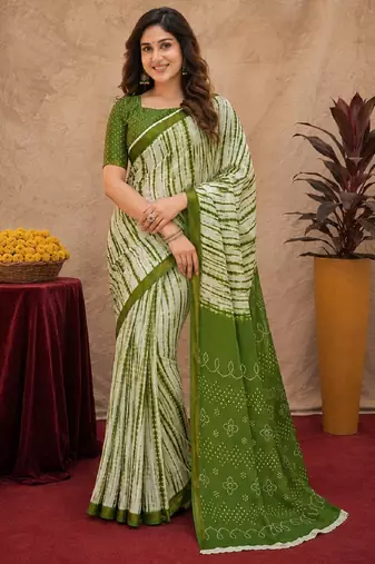White mehendi  linen digital print work saree with unstitched blouse piece