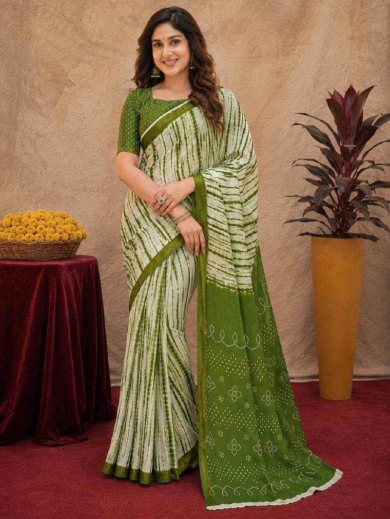 White mehendi  linen digital print work saree with unstitched blouse piece