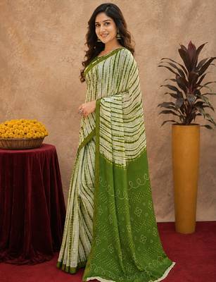 White mehendi  linen digital print work saree with unstitched blouse piece 3