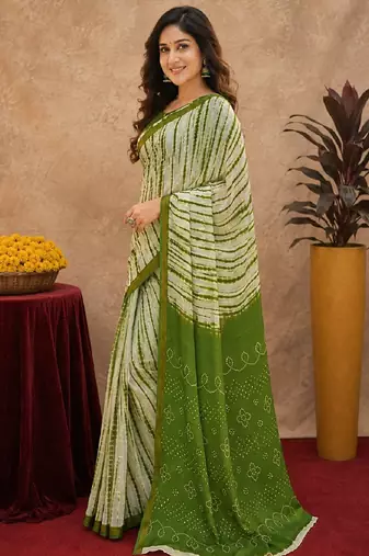White mehendi  linen digital print work saree with unstitched blouse piece