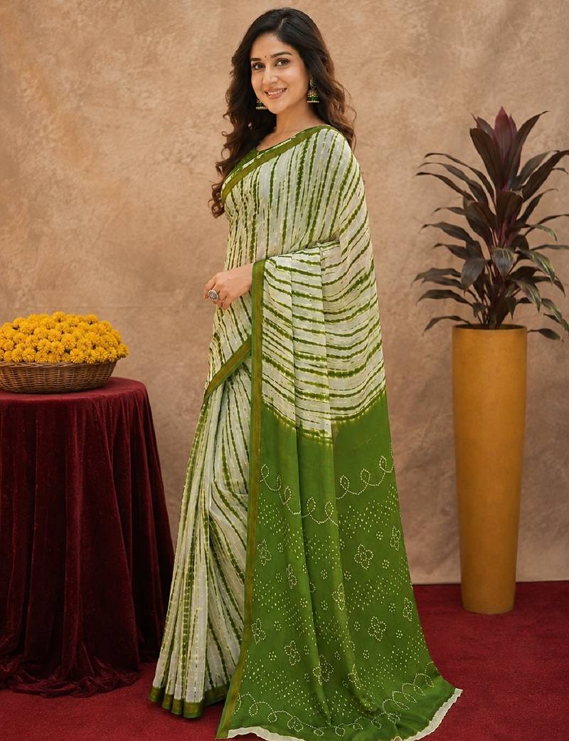 White mehendi  linen digital print work saree with unstitched blouse piece