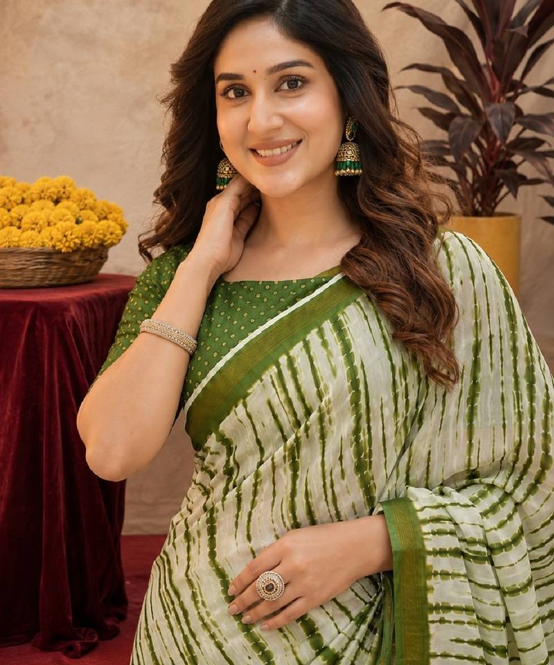 White mehendi  linen digital print work saree with unstitched blouse piece