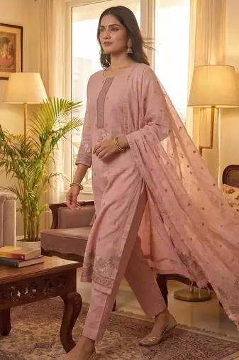 Pink jamdani pichwai weaving banarasi dress material (3pcs)