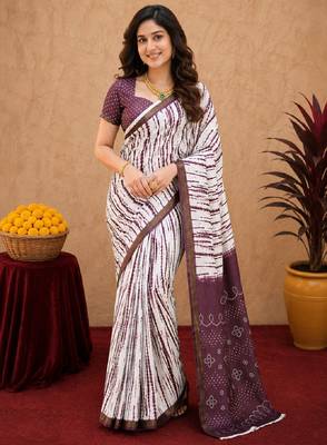 White wine linen digital print work saree with unstitched blouse piece 2