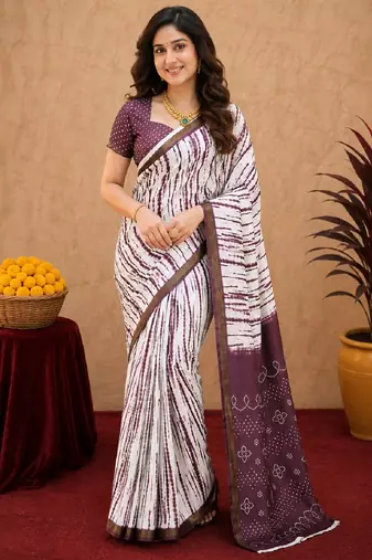 White wine linen digital print work saree with unstitched blouse piece