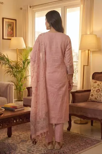 Pink jamdani pichwai weaving banarasi dress material (3pcs)