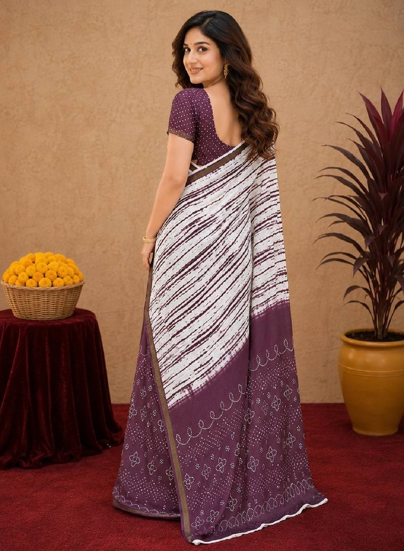 White wine linen digital print work saree with unstitched blouse piece
