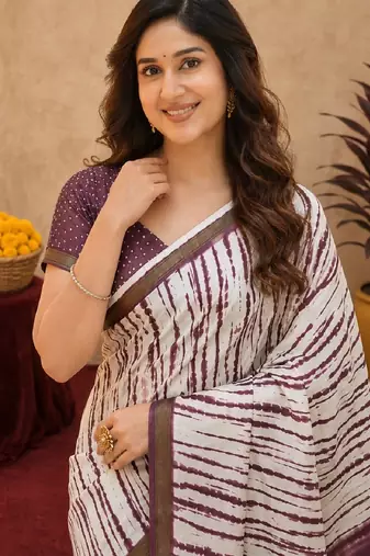 White wine linen digital print work saree with unstitched blouse piece