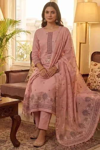 Pink jamdani pichwai weaving banarasi dress material (3pcs)