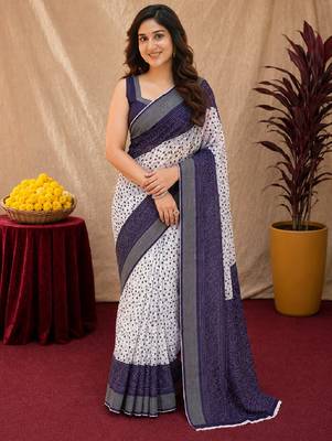White purple  linen digital print work saree with unstitched blouse piece 1