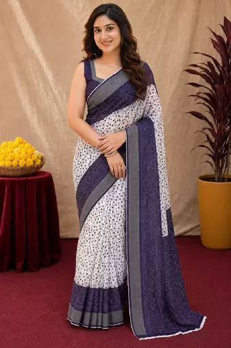 White purple  linen digital print work saree with unstitched blouse piece