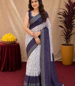 White purple  linen digital print work saree with unstitched blouse piece