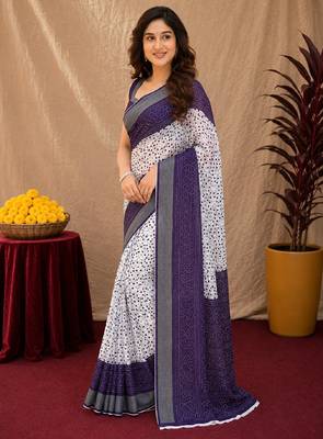 White purple  linen digital print work saree with unstitched blouse piece 2