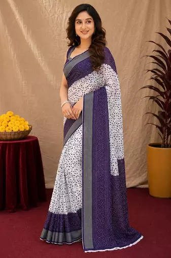 White purple  linen digital print work saree with unstitched blouse piece