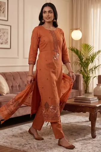 Orange jamdani pichwai weaving banarasi dress material (3pcs)
