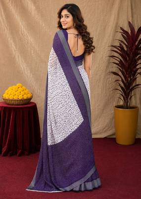 White purple  linen digital print work saree with unstitched blouse piece 3