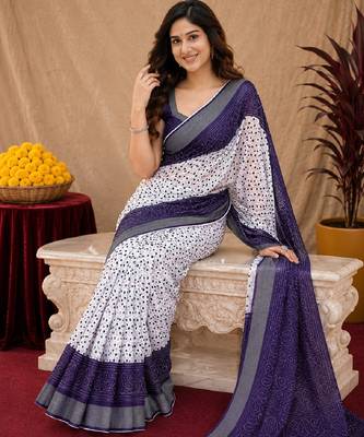 White purple  linen digital print work saree with unstitched blouse piece 4