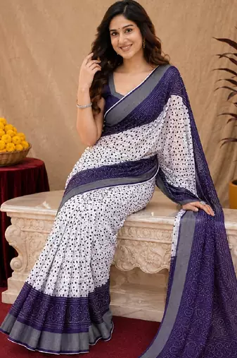 White purple  linen digital print work saree with unstitched blouse piece