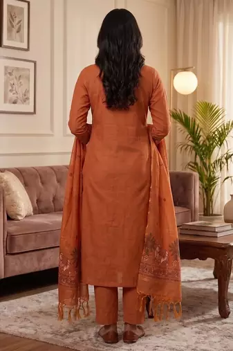 Orange jamdani pichwai weaving banarasi dress material (3pcs)