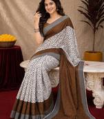 White brown  linen digital print work saree with unstitched blouse piece