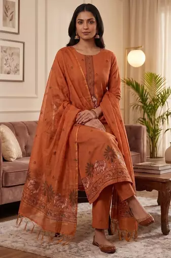 Orange jamdani pichwai weaving banarasi dress material (3pcs)