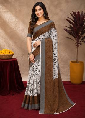 White brown  linen digital print work saree with unstitched blouse piece 2