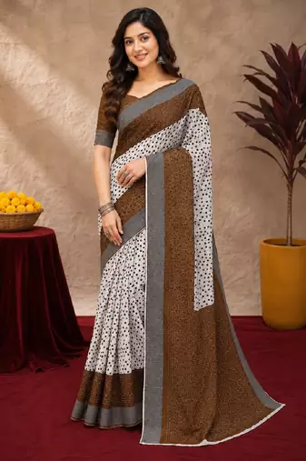 White brown  linen digital print work saree with unstitched blouse piece