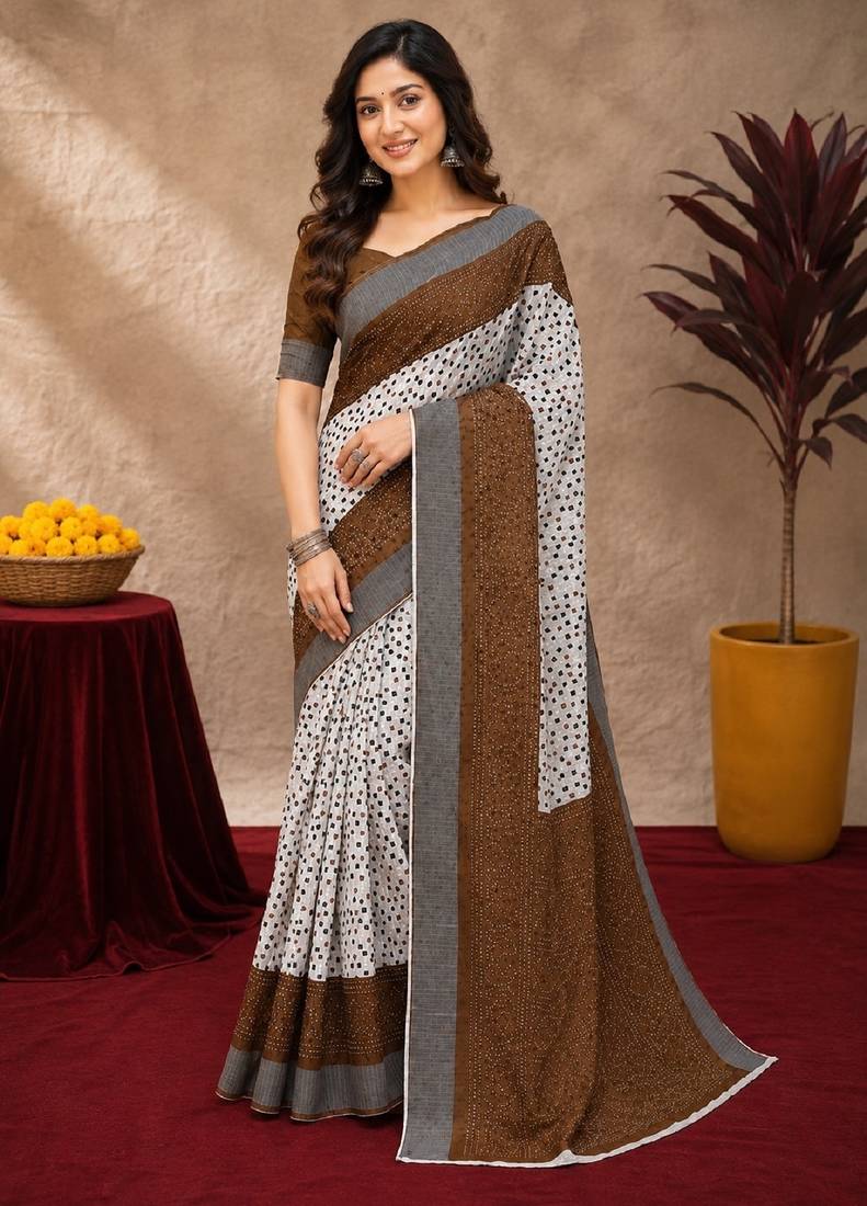 White brown  linen digital print work saree with unstitched blouse piece