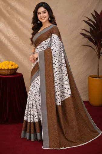 White brown  linen digital print work saree with unstitched blouse piece