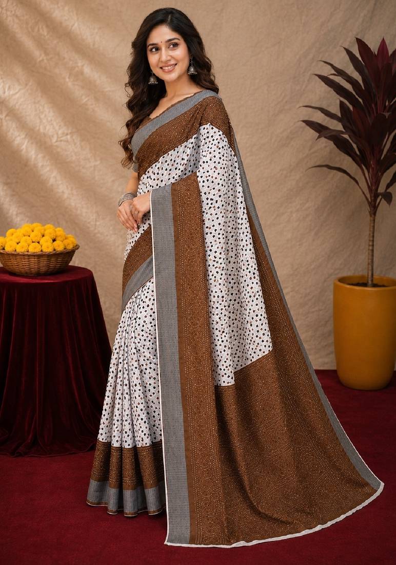 White brown  linen digital print work saree with unstitched blouse piece