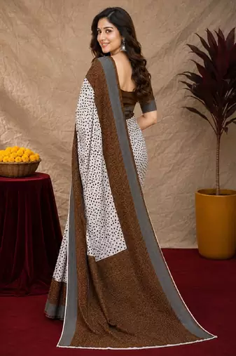White brown  linen digital print work saree with unstitched blouse piece