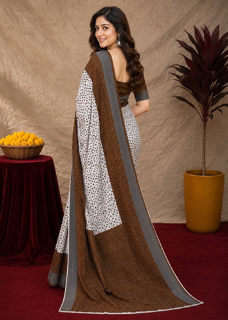 White brown  linen digital print work saree with unstitched blouse piece
