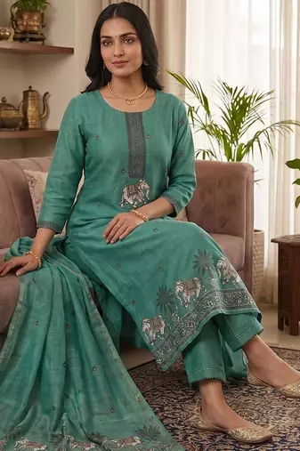 Teal jamdani pichwai weaving banarasi dress material (3pcs)