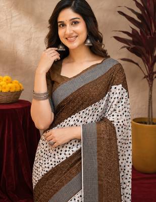 White brown  linen digital print work saree with unstitched blouse piece 5