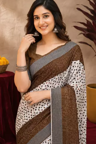 White brown  linen digital print work saree with unstitched blouse piece